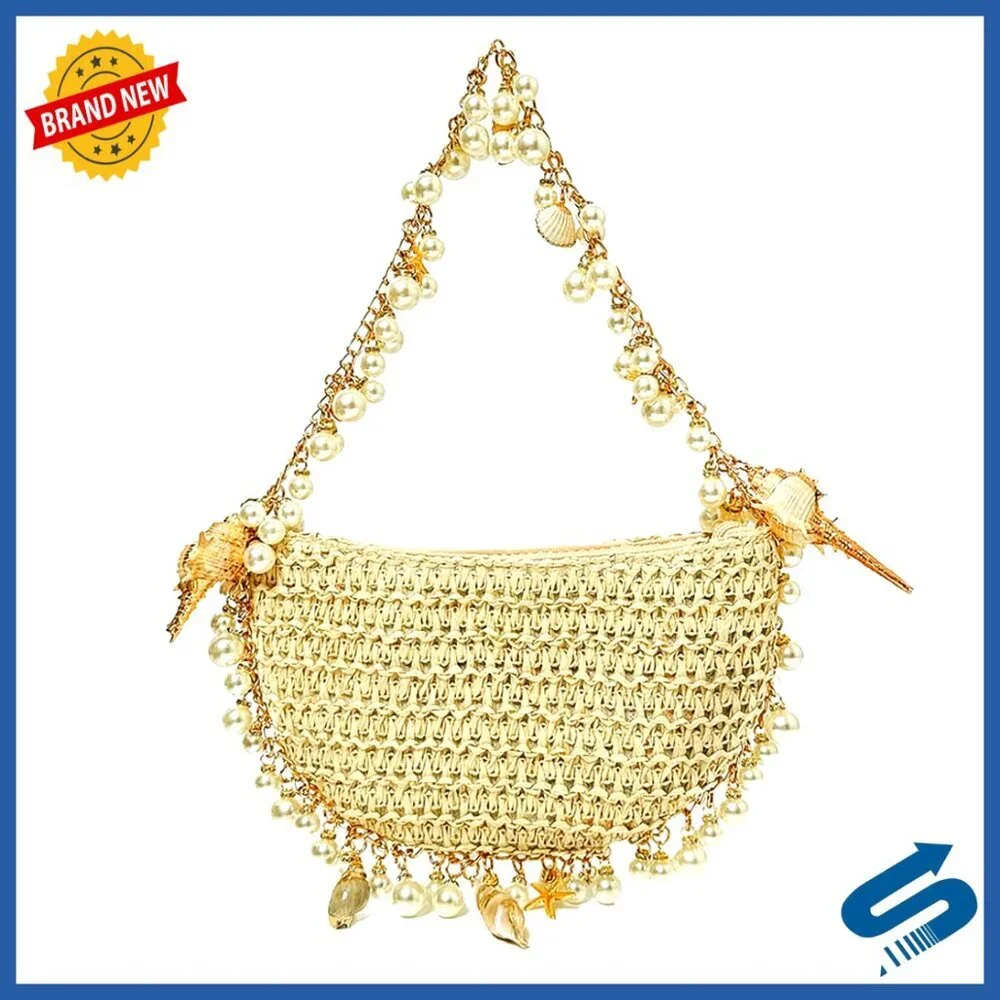Straw Clutch Purse with Pearl Strap Elegant Summer Beach Evening Bag